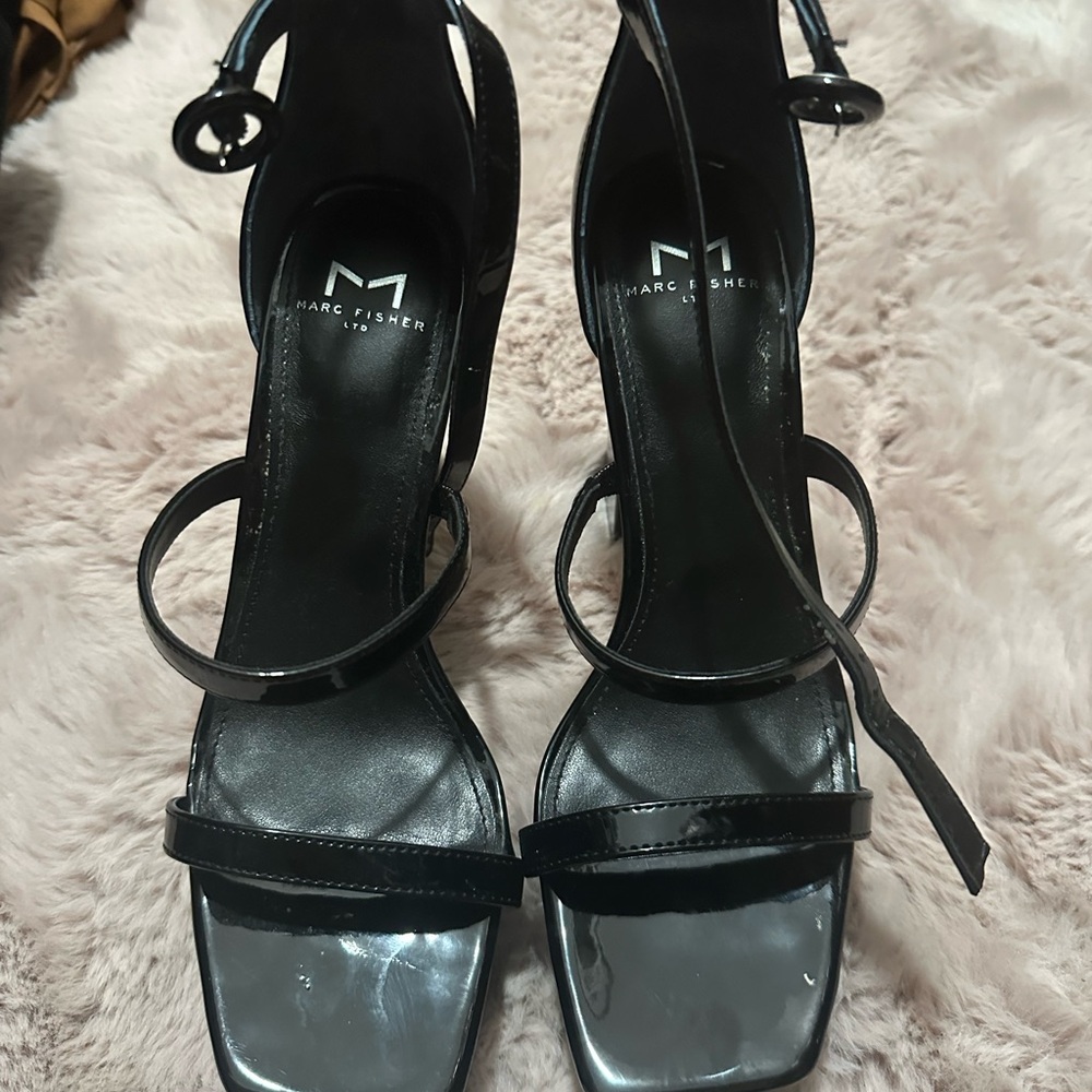 Marc Fisher Glossy Black Strappy Heels